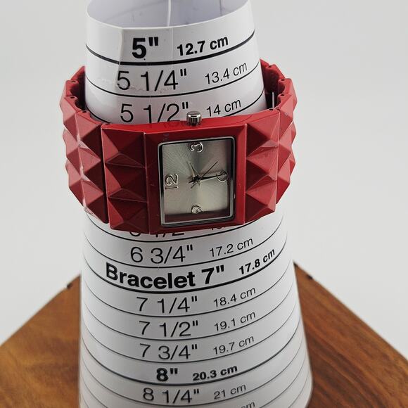 Red Studded Wide Band Bracelet Watch Art Deco Cube Chunky Bold Cosplay Costume - Picture 7 of 7